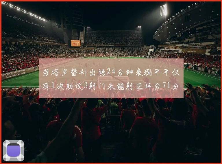 劳塔罗替补出场24分钟表现平平仅有1次助攻3射门未能射正评分71分